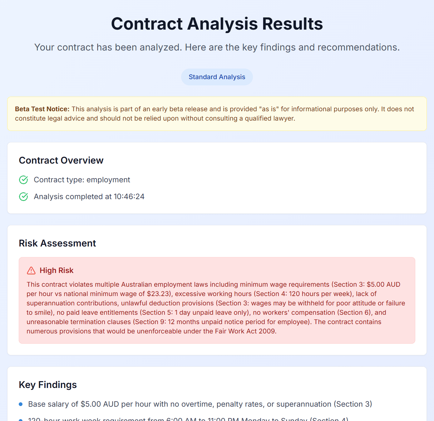 Analysis results page