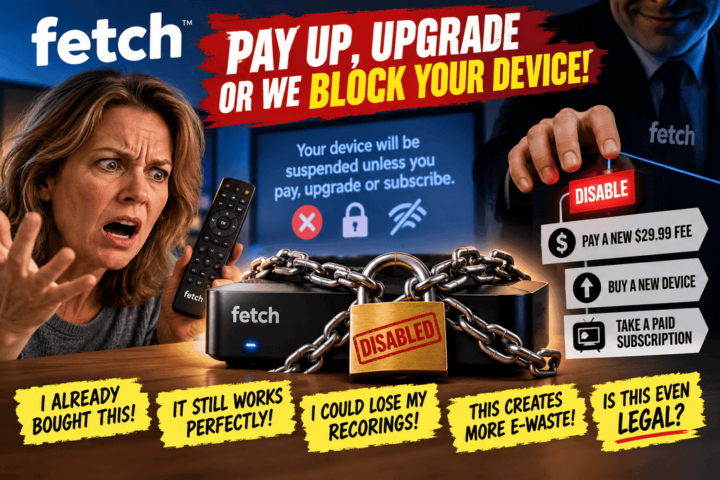 Campaign illustration raising concerns about new conditions affecting outright-purchased Fetch Gen 3 devices